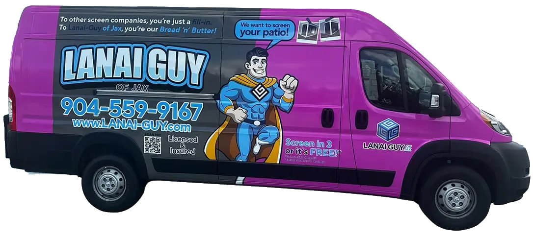 A purple truck with a cartoon character on the side.