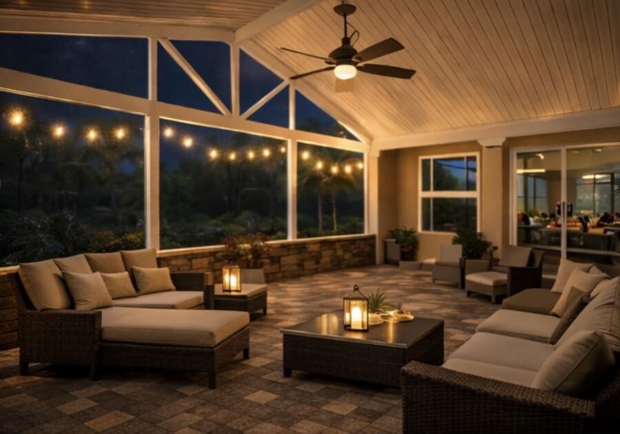 Cozy nighttime screened patio with string lights